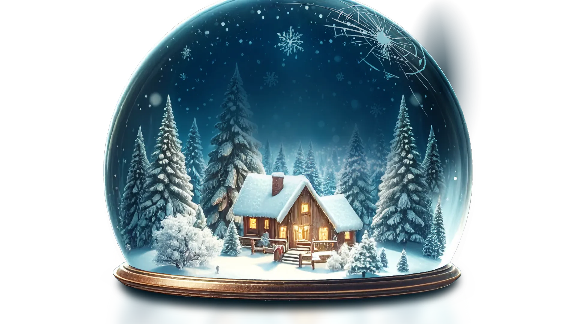 Idyllischer winterlicher Weihnachtsbaum in Schneekugel mit Haus, Tannenbäumen und Schneeflocken, Weihnachtsstimmung, Weihnachten neu erleben.